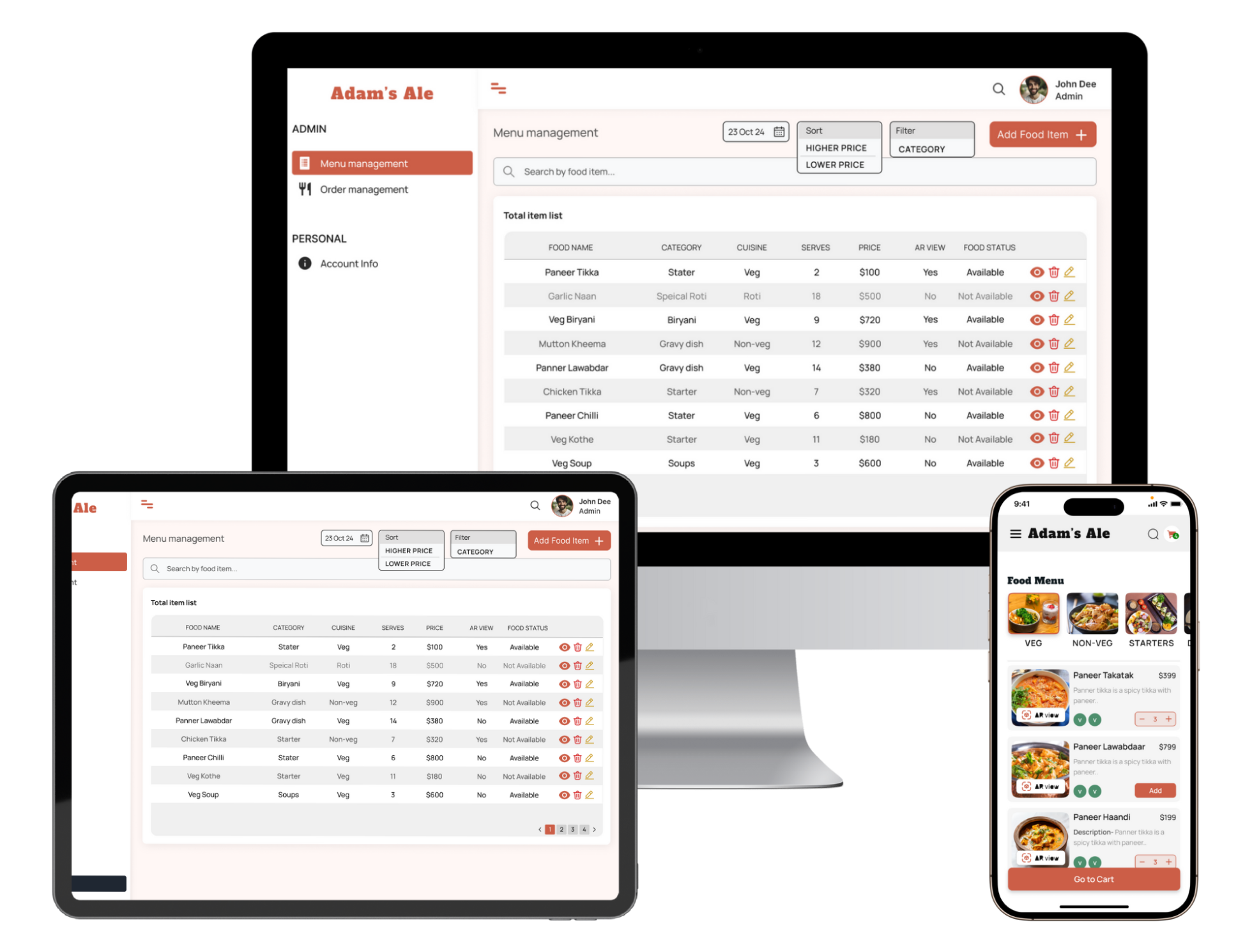 Complete Dinemist system workflow showing admin dashboard, customer mobile menu, and kitchen display system